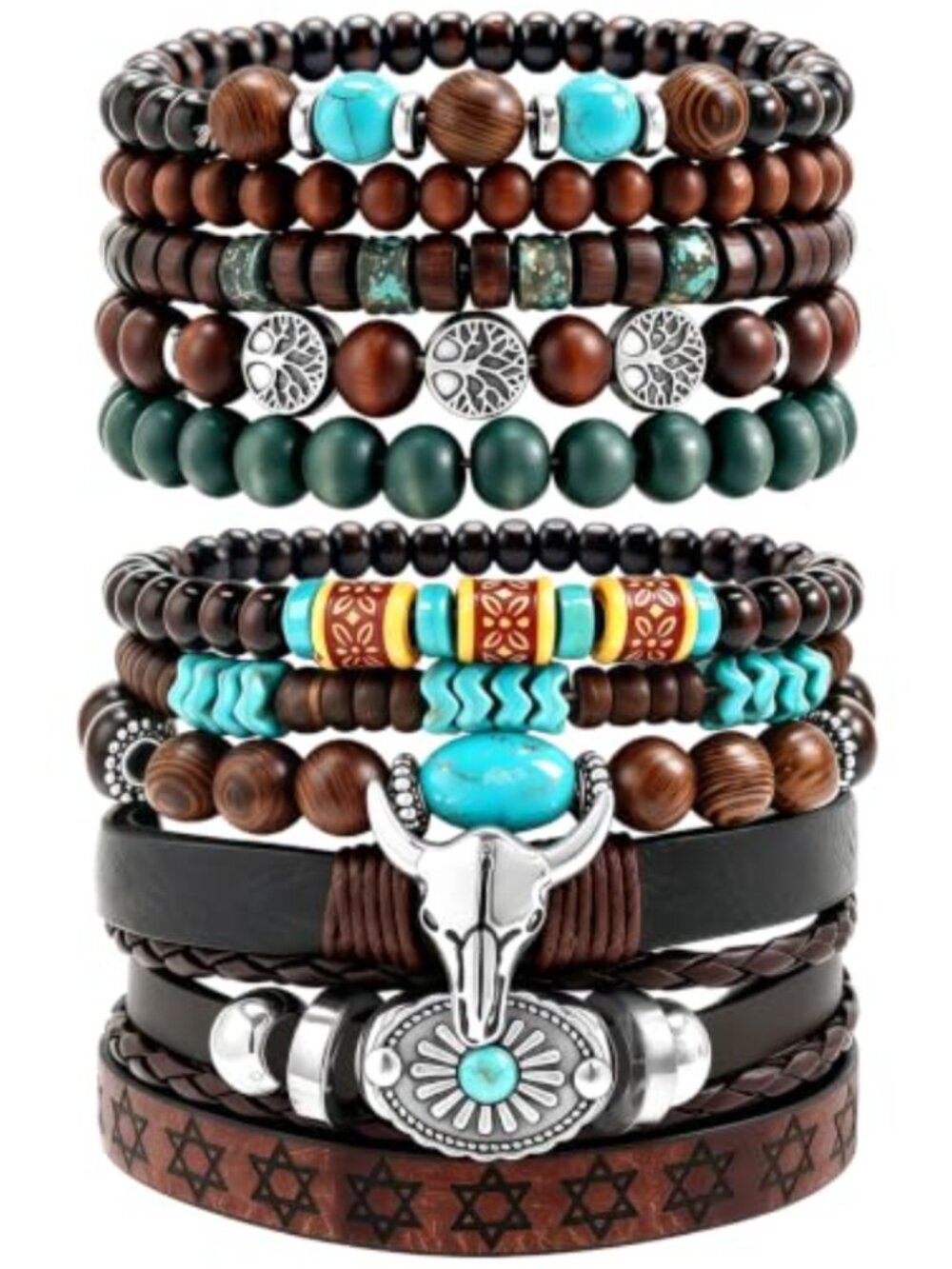 11 Piece Stackable Stretch Bracelet Set Stainless Steel Strand Western Boho